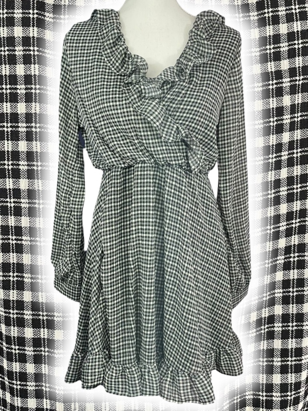 Whimsigoth Gingham Dress NEW M Ruffle Surplice Long Sleeve Chiffon Plaid Black